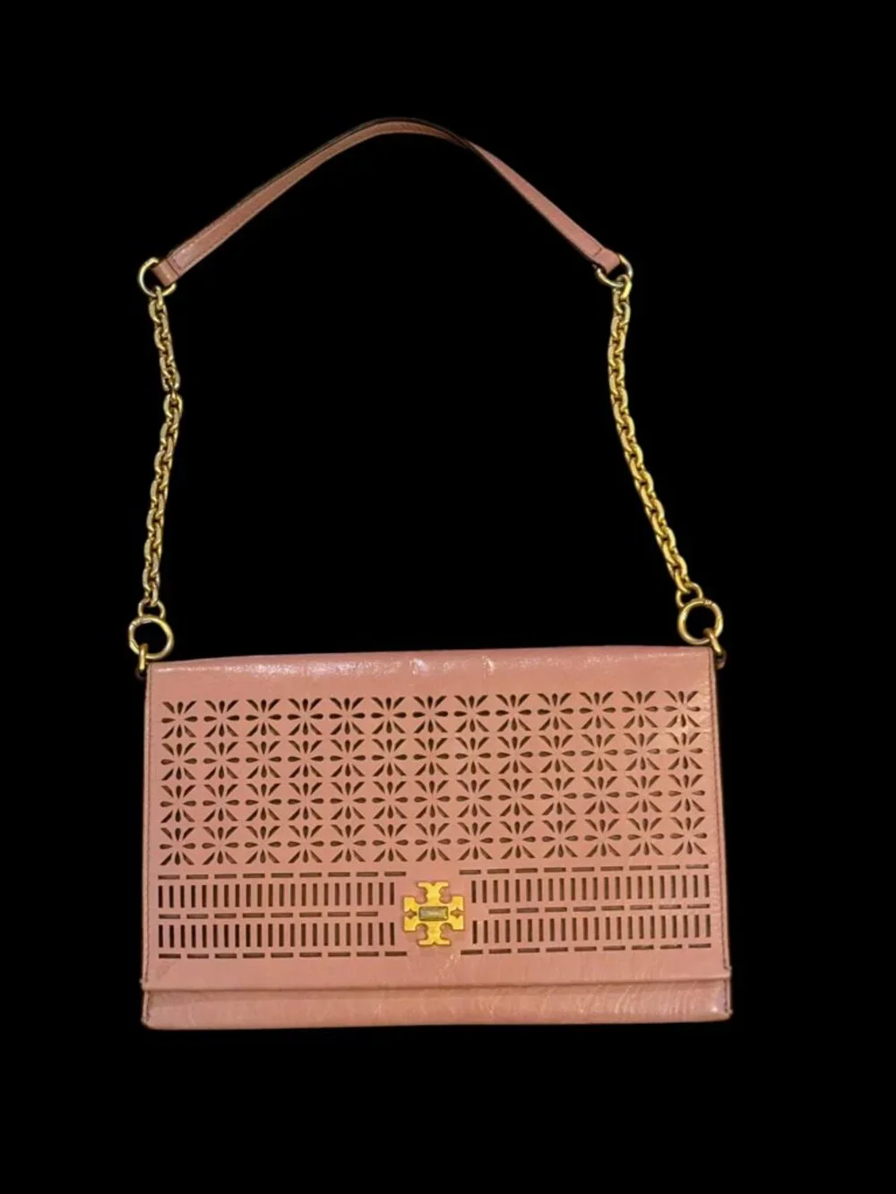 Tory Burch Pink Perforated Open Pattern Shoulder Bag With Gold Hardware